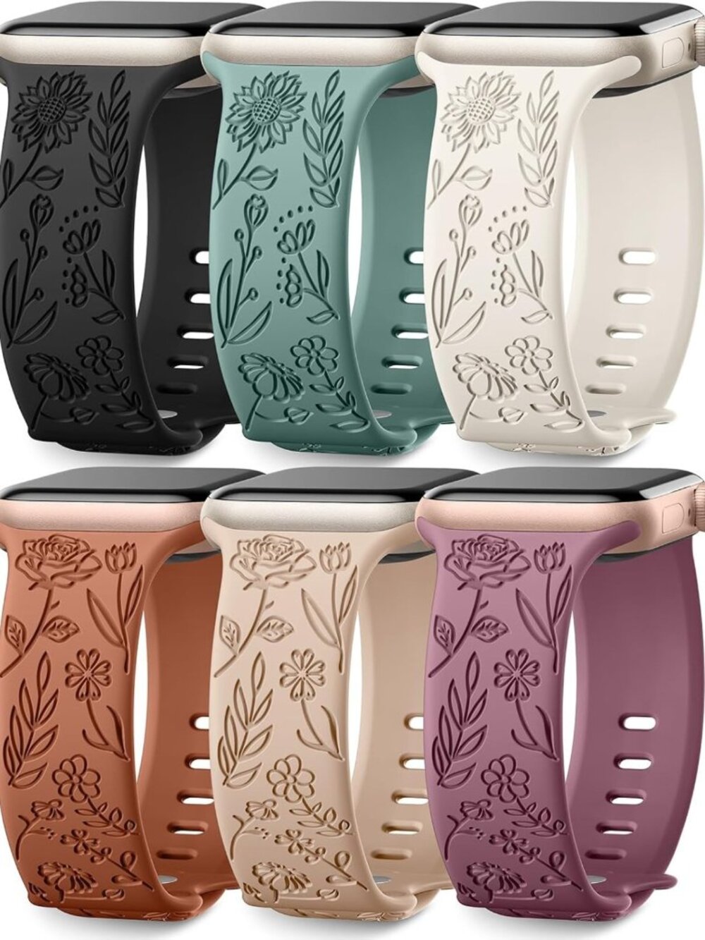 Floral Silicone Apple Watch Bands 6 Pack - Engraved Flower Pattern Straps for